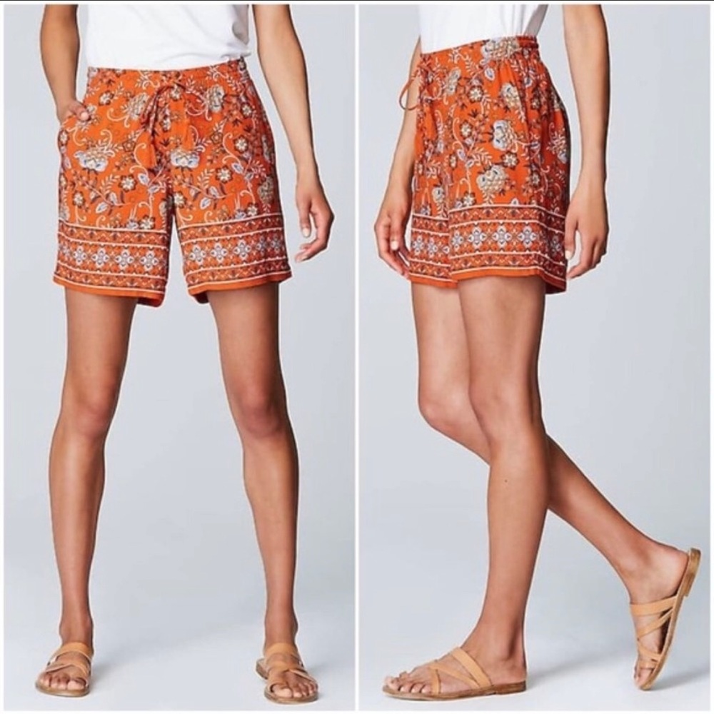 J. Jill High Rise Orange Print Twill Pull On Shorts Small Petite